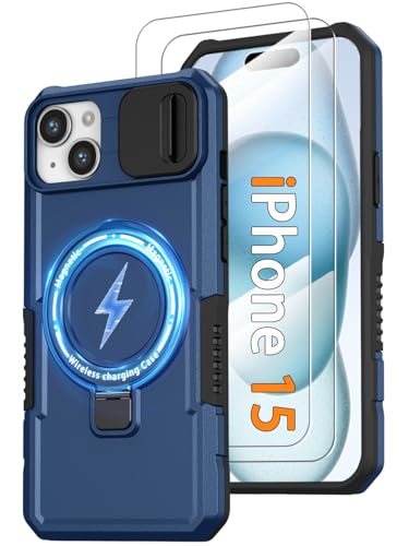 KTUOHU Phone Case for iPhone 15, with Magnetic Ring Stand [2X Glass Screen Protector] [Compatible with MagSafe] Military Grade Case with Camera Cover, Shockproof Cover for iPhone 15 6.1 inch, Blue