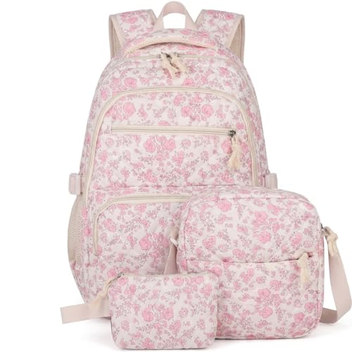 Floral Backpack 3pcs Set for Women Quilted Backpack Coquette Pleasing Kawaii Rucksack Cute Preppy Daypack (pink)
