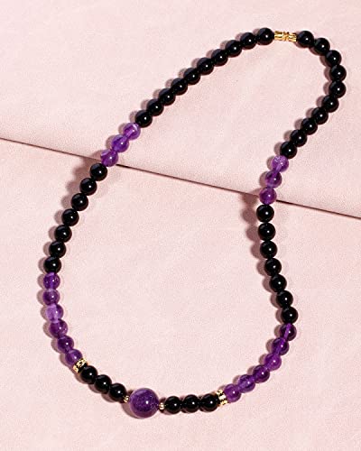 Jewever Black Choker Necklace For Women Or Men Jewelry Healing Crystals And Worry Stones Essential Oil Diffusers Beaded Necklaces Strand Good Luck Gift (Amethyst & Obsidian) #TOP1