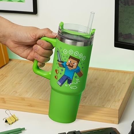 Paladone Minecraft Steve & Creeper 30 oz Green Insulated Cup and Straw, Officially Licensed Tumbler Travel Cup with Handle for Iced Tea or Coffee, Gaming Merchandise
