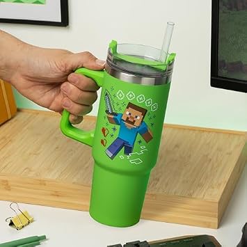 Paladone Minecraft Steve & Creeper 30 oz Green Insulated Cup and Straw, Officially Licensed Tumbler Travel Cup with Handle for Iced Tea or Coffee, Gaming Merchandise