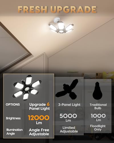 Adiding Rotatable LED Garage Light Bulb, 6500K LED Basement Light with 6+1 Deformable Panels for Shop, E26 E27 Attic Roof Ceiling Barn Light for Warehouse, Storage Room, Laundry - Image 3