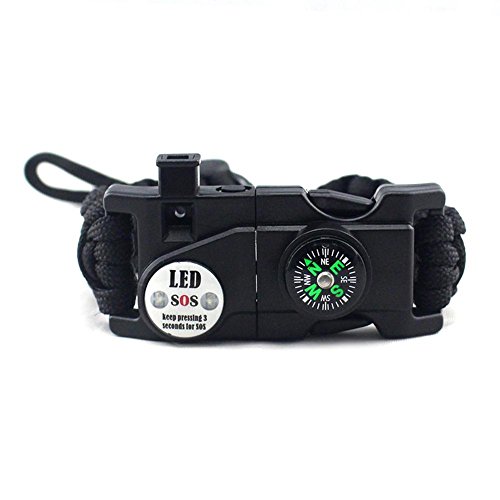 Pulseira de paraquedista trançada Alloet com bússola apito SOS luz LED, Preto, 235.00*23.00*15.00mm