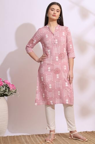Image of W for Woman Pink Bold Geometric Printed Pure Cotton Straight Kurta