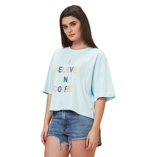 Image of Globus Women Blue Printed Round Neck Casual Boxy Fit T-shirt-3638180001