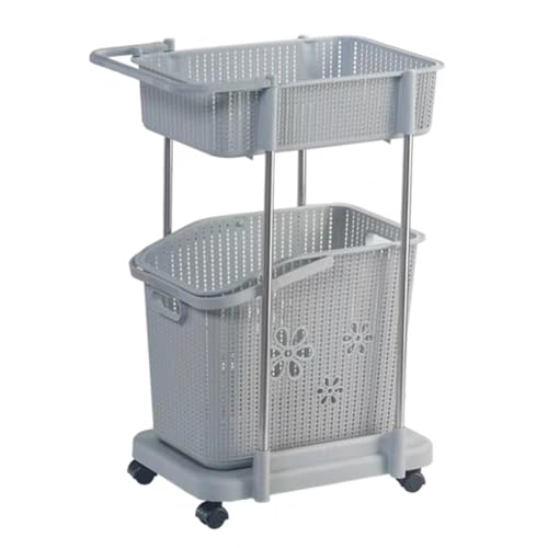 Collapsible Laundry Basket On Wheels Plastic, Rolling Laundry Sorter Trolley Carts, Washing Hamper Storage Bin With Shelves, For Bedroom Bathroom Living Room Tier Basket Stand.(Dark grey)