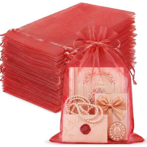 Image of FUNFERY 100PCS Red Organza Gift Bags 6x9in,Drawstring Pouch for Jewelry