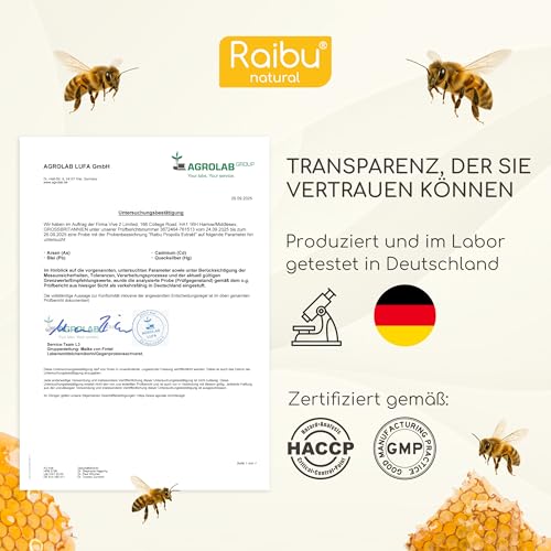 Propolis Tropfen ohne Alkohol - große 50 ml Flasche, 30 % Propolis Extrakt, geeignet für Kinder, Erwachsene & Haut - mit Vitamin A, C & E - wasserlöslicher Extrakt - Produziert in Deutschland