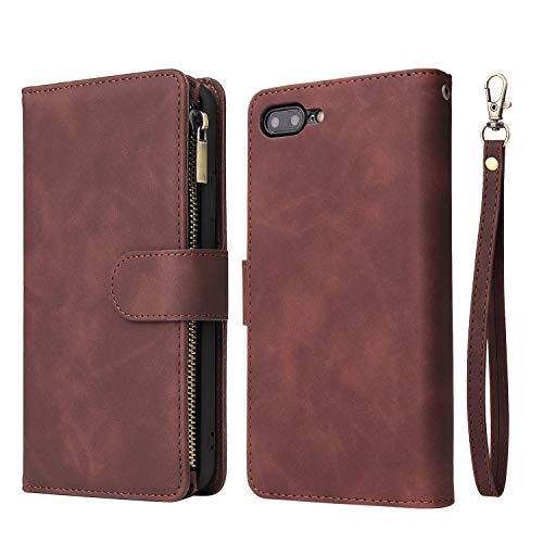 Ueebai Wallet Case For Iphone 7 Plus Iphone 8 Plus, Premium Vintage Pu Leather Magnetic Closure Handbag Zipper Pocket Case Kickstand Card Holder Slots With Wrist Strap Tpu Shockproof Flip Cover-Coffee #TOP5