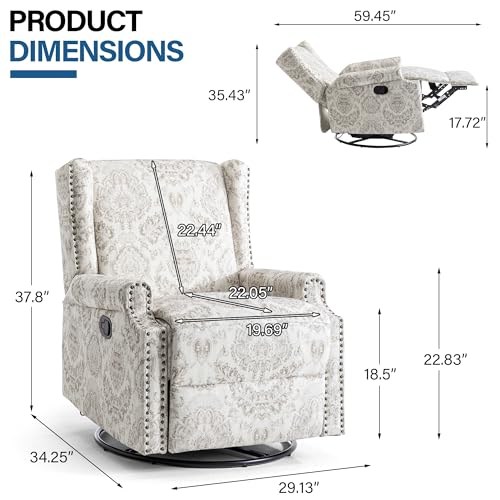 Image of Swivel Rocker Recliner Chairs Set of 2, 360 Swivel Wingback Recliner Chairs for Adults, Upholstered Printed Fabric Glider Rocking Chair with High Back, Deep Seat for Living Romm Bedroom, Beige