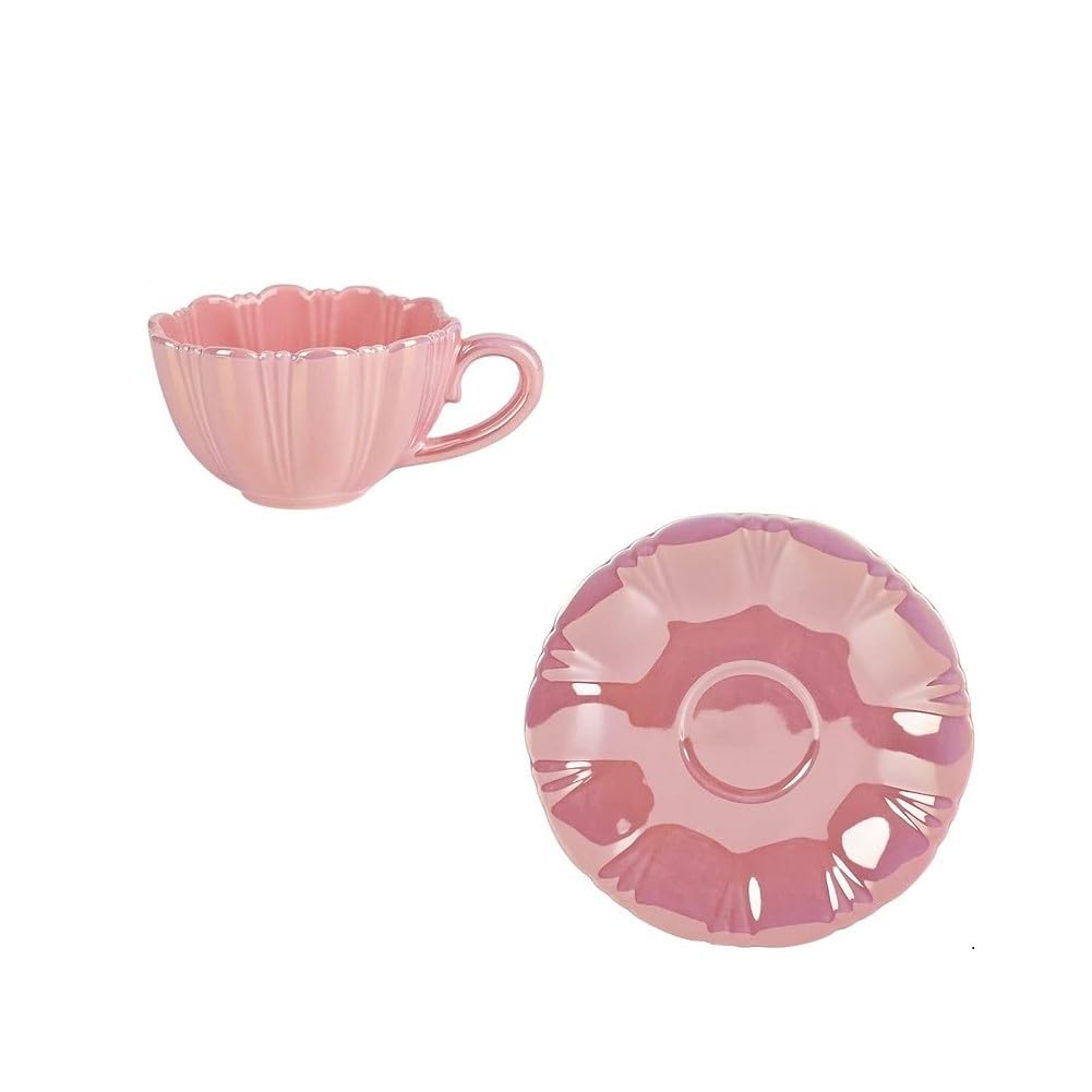 Blumenform Kaffeetasse Set Perlenglanz Blumentasse 230ml Espressotasse niedliche Capuccinotasse mit Untertasse für Frauen Freundin Geburtstag Muttertag Valentinstag (Rosa)