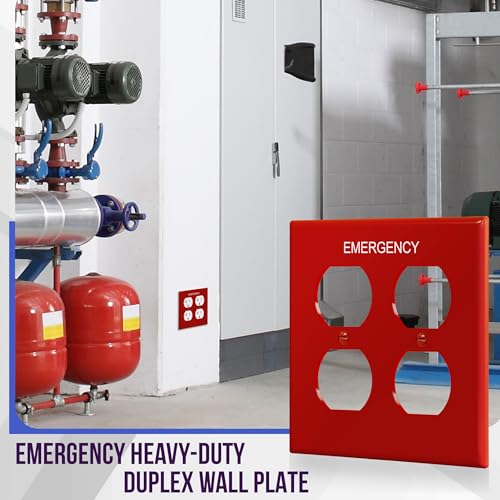 Image of ENERLITES Double Duplex Wall Plate with Emergency Label, Two Gang Electrical Outlet Cover, Mid-Size 2-Gang 4.88 inch x 4.92 inch, Unbreakable Polycarbonate Thermoplastic, UL Listed, 8822M-ER, Red