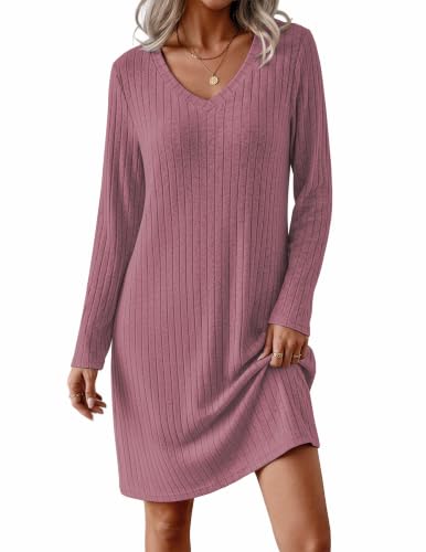 Ekouaer Women's Long Sleeve Nightgown Ribbed Knit V Neck Sleepwear S-3XL