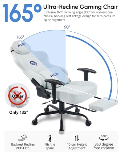 PZDO Gaming Chair Ergonomic Computer Chairs for Teens with Reclining Footrest & Headrest, Big Tall Gamer-Chair with Lumbar Support, Height Adjustable Fabric Pc Chairs, Heavy Duty, 350 lbs, Light-Grey