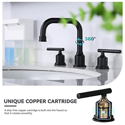 WOWOW Two Handles Widespread 8 inch Bathroom Faucet Black 3 Pieces Basin Faucets 360 Degree Swivel Spout Lavatory Sink Faucet - Thumbnail 3