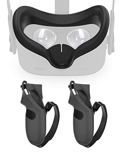 KIWIHOME VR Face Silicone Cover and Touch Controller Grip Cover for Oculus Quest VR Accessories Anti-Throw Handle Protective Sleeve with Adjustable Hand Strap Sweatproof - Black