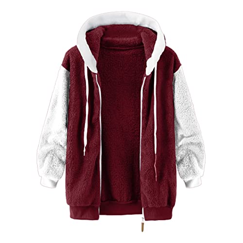 Fuzzy Fleece Jackets for Women Plus Size Hoodies Fall Winter Coats Color Block Patchwork Cardigan Coat with Pockets