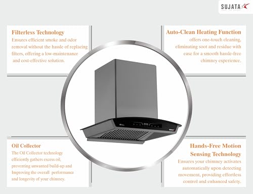 Image of Sujata 60cm Auto Clean Kitchen Chimney | 15 Years BLDC Motor Warranty & 5 Years Comprehensive Warranty | 11 Gesture & Touch Control, Powerful Suction, Low Noise, Wall Mounted, LED Panel(Quartz-Black)
