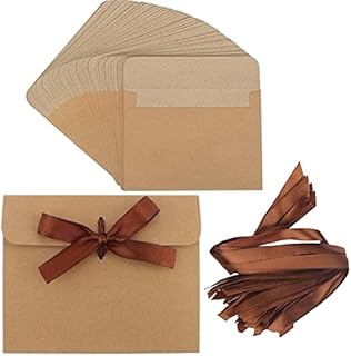 WAIZHIUA 50Pcs Small Envelopes with Ribbon, Mini Kraft Paper Envelopes Gift Card Envelopes Vintage Envelopes for Invitation Greeting Card, Christmas, Valentine's Day, Thanksgiving(17*12.3cm)