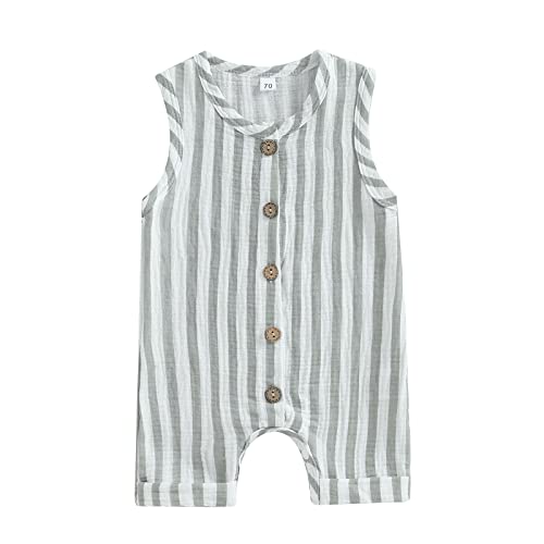 Infant Baby Boys Girls Cotton Linen Jumpsuits Sleeveless Button Down Striped Short Overalls Romper Summer Fall Outfits