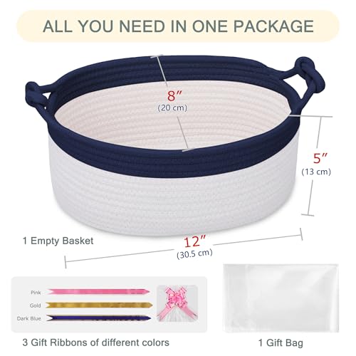 Image of COMSE Small Gift Basket Empty with Bag & Ribbons, Navy Blue & White