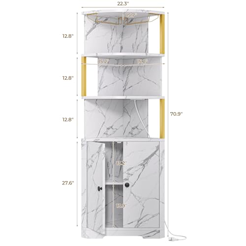IRONCK 71'' Corner Bar Cabinet with LED Lights, 5-Tier Wine Rack with Power Outlets, Glass Holder and Door, Liquor Cabinet for Home Bar & Coffee Bars, White & Gold - Image 3