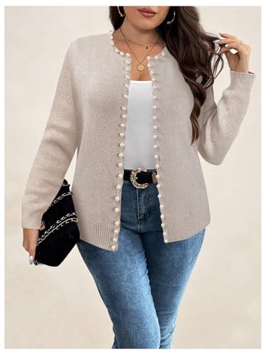 Image of BEAUDRM Women's Plus Size Pearls Beaded Cardigan Open Front Long Sleeve Casual Sweater Top