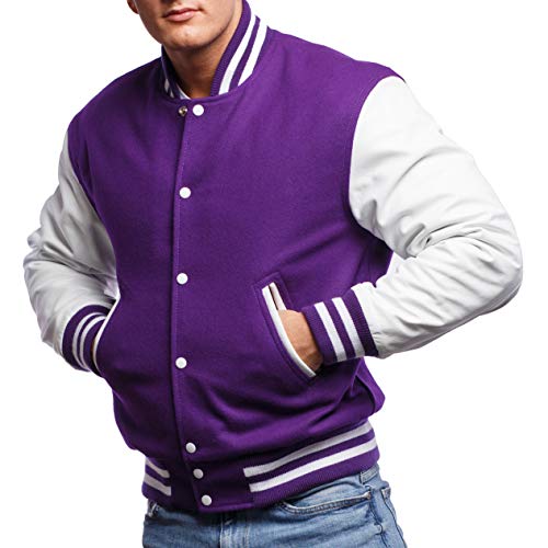 Image of Varsity Base Letterman Jacket (Purple Wool, White Leather, Small)