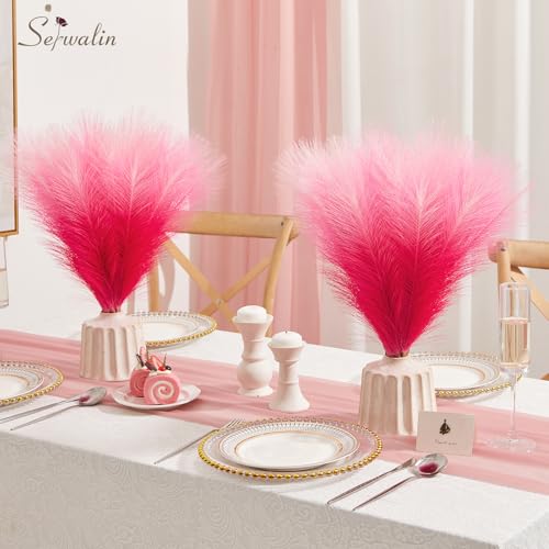 Image of Serwalin Gradient Hot Pink Pampas Grass Decor, 17.7 Inch 6pcs Faux Pampas Grass, Artificial Pampas Grass for Wedding Table Centerpieces Decoration