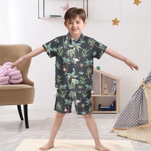 Image of Sunflower Floral Yellow Black Short Sleeve Hawaiian Button Down Shirts and Short Sets for Boys Toddler Summer Outfits