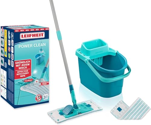 Leifheit Set PowerClean M, Balai serpillère et Seau essoreur ménageant Le Dos, kit avec 2 Housses serpillière Micro Duo pour Un Nettoyage en Profondeur, mécanisme...