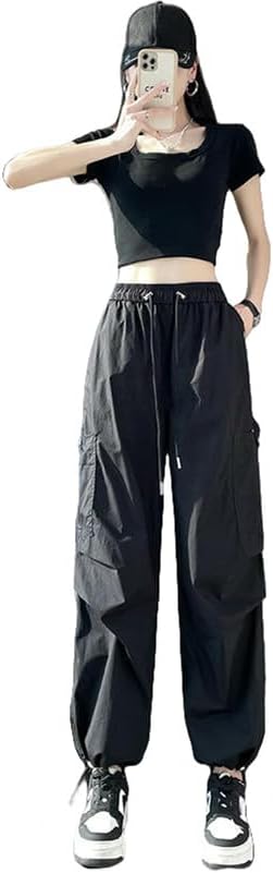 JYHBHMZG Women's American Style Retro Spring Summer Cuffed Hem Wide Leg High Waist Sports Cargo Pants