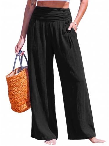 Image of CUPSHE Women's Wide Leg Beach Pants - Tropical Floral with Pockets Plus Size Casual Flowy Vacation Bottoms
