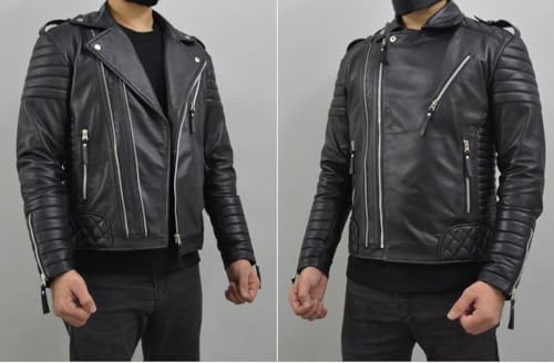 Image of Mens Leather Jacket - Biker Leather Jacket For Men - Lightweight Slim Mens Leather Motorcycle Jackets Black Real Lambskin