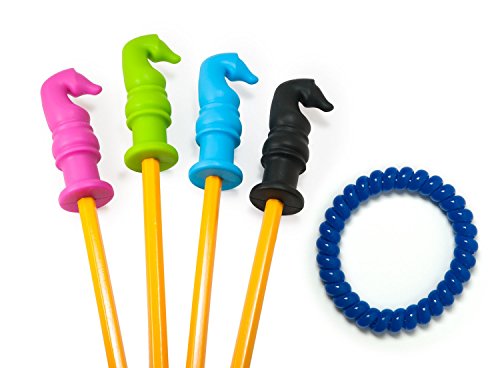 Chewable Pencil Topper with Bonus Chewable Bracelet - Fun Sensory Motor Aid - Perfect for Autism or ADHD - 4 Pack Knight Shape Plus Blue Bracelet