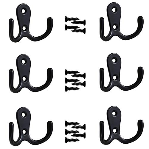 YuZhou 6-Pack Double Prong Robe Hooks - Dual Coat Hooks, Black, Chrome Finish, Metal, Screw-In Hanging Hooks for Bedrooms & Bathrooms
