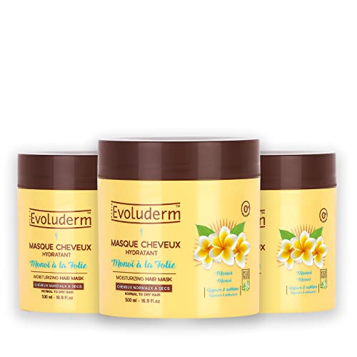 EVOLUDERM Monoï La Folie - Mascarilla hidratante para el cabello, 500 ml, 99% de origen natural, vegana, fabricada en Francia, 3 x 500 ml