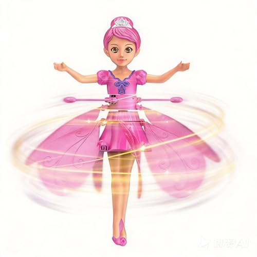 Flying Fairy Doll Toy with Rotating Skirt Wings Magic Flying Fairy Princess Doll with Hand-Guided Infrared Induction Flying Toy with LED Lights USB Rechargeable Sky Dancers Flying Dolls (Pink)