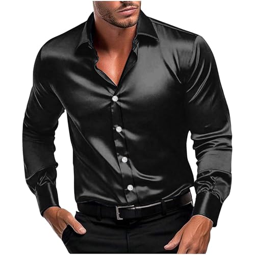Mens Fashion Satin Button Down Shirts Party Prom Blouses Lapel Long Sleeve Lightweight Thin Dress Shirt
