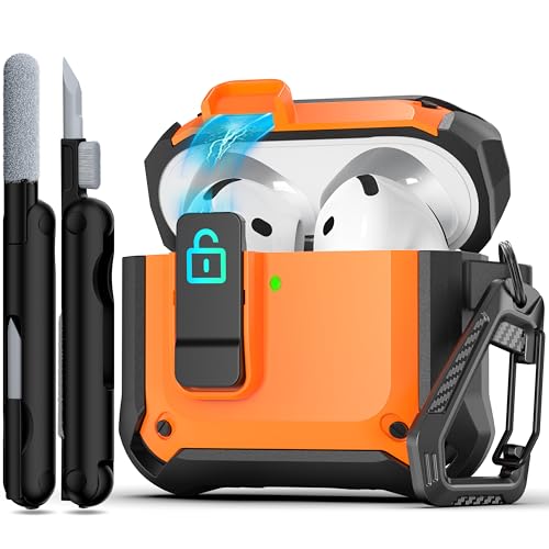 R-fun Compatible with AirPods 4th Case, Magnetic Automatic Lock with Cleaning Kit, Compatible with Magsafe, Carbon Fiber Hard Full-Body Protective Case, Orange