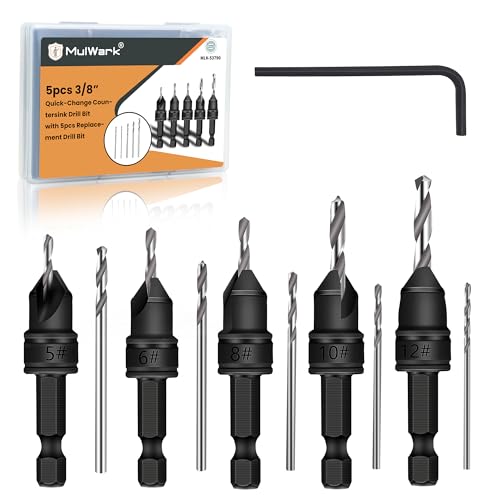 MulWark Countersink Drill Bit Set, 11 PCS Counter Sink Drill Bits Adjustable, #5, #6, #8, #10, #12, HSS Woodworking Drill Bit Set with 3/8' Quick-Change Shank and Storage Box– Christmas Edition Gift