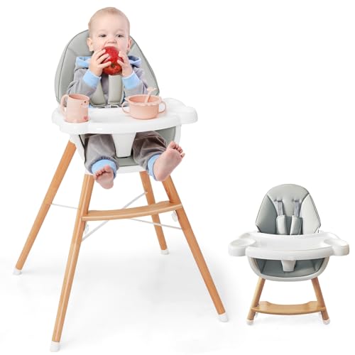 Image of HONEY JOY Baby High Chair, Eat & Grow Beech Wooden Highchair for Babies and Toddlers, Removable Double-Layer Food Tray, 5-Point Harness, PU Cushion and Footrest for Infants Boys Girls (Gray)