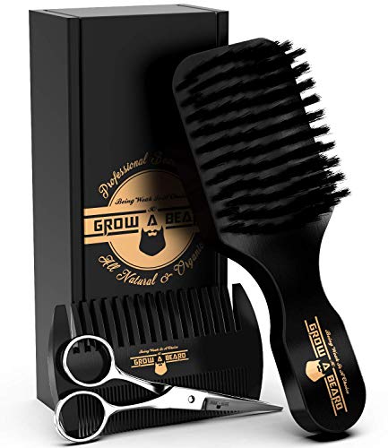 Beard Brush, Comb, Scissors Grooming Kit for Men's Care, Perfect to Distribute Balm or Oil for Growth & Styling, Adds Shine & Softness Black Color