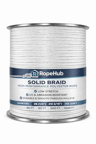 Solid Braid High-Performance Polyester Rope–Flagpole Halyard Replacement, Low Stretch, UV, Abrasion Proof, Smooth Through Pulleys for Sailboat Rigging, Winches, Outdoor Use (White/Size/Length Options)