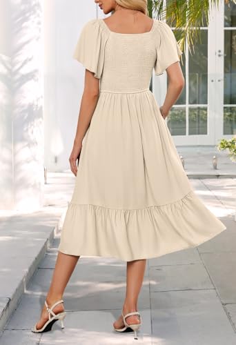 MEROKEETY Women's Summer Casual V Neck Ruffle Sleeve Smocked High Waist Midi Dress with Pockets4