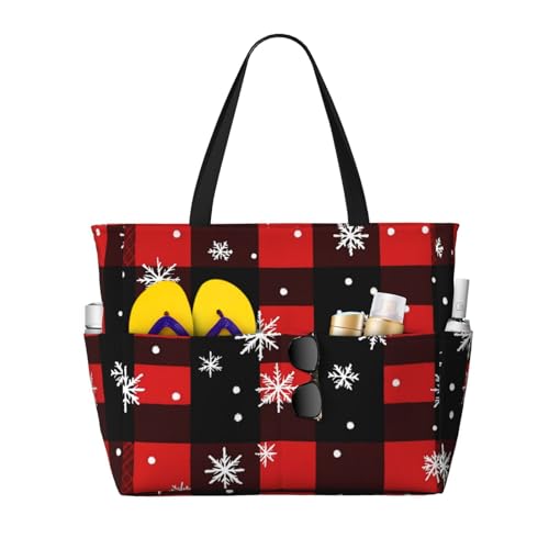 Buffalo Plaid Snowflake Beach Bag Vintage Pool Bag for Women Waterproof Large Travel Tote with Zipper Organizer for Swimming Vacation Essentials