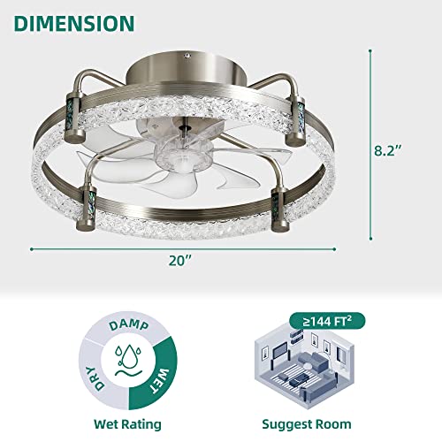 DWVO Ceiling Fan with Lights 20", Low Profile Flush Mount Ceiling Fan, Enclosed Bladeless Fan with Quiet Reversible DC Motor, 6 Speeds, for Bedroom,Living Room Kitchen, Indoor, Brushed Nickel