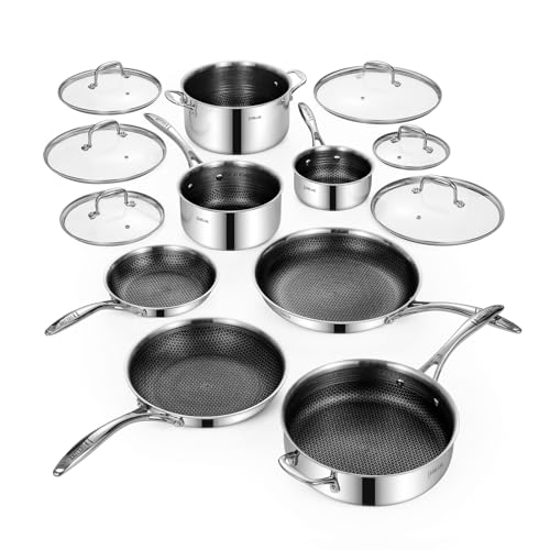 Deluxe 13 Piece Hybrid Ceramic Nonstick Stainless Steel Cookware Set-5 Piece Frying Pan Set, 6 PC Pot Set, 3.7QT Deep Sauté Pan&Lid, Induction Ready, Stay Cool, PFOA Free Compatible with All Cooktops