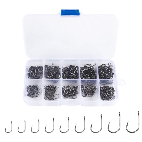 200 Pezzi Ami da Pesca Spinato Gancio da Pesca Amo da Pesca in 10 Dimensioni Amo da Pesca Occhiello Ganci Spinato Ami da Pesca in Acciaio al Carbonio con Scatola di Plastica