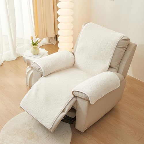 Image of ELEFOCUS Plush Sherpa Fleece Recliner Chair Cover，Soft Warm Sofa Slipcover,Washable for Reclining Sofa,Furniture Protector Non Slip (Cream, 30 inch)
